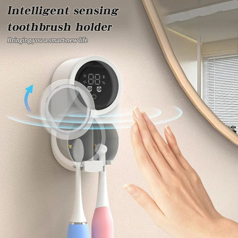 Automatic induction hole free wall mounted electric air drying toothbrush holder, intelligent USB charging toothbrush sterilizer