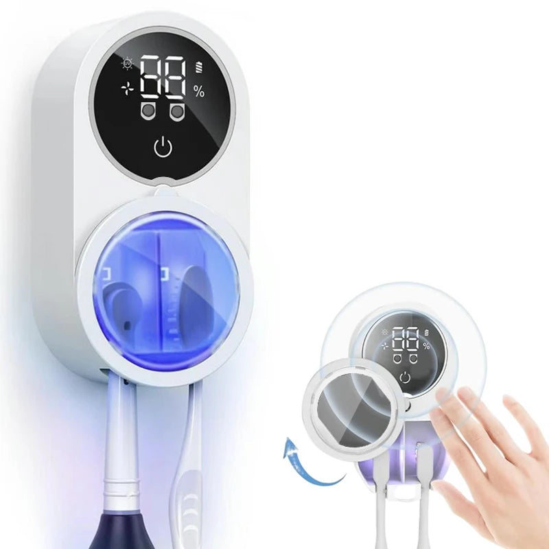 Automatic induction hole free wall mounted electric air drying toothbrush holder, intelligent USB charging toothbrush sterilizer