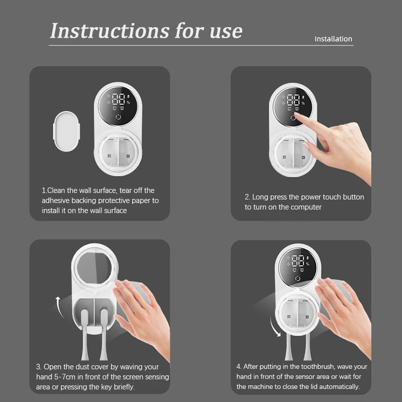 Automatic induction hole free wall mounted electric air drying toothbrush holder, intelligent USB charging toothbrush sterilizer